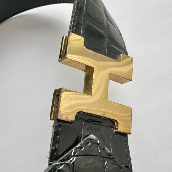 1970s/1980s Vintage "H" Buckle Black Faux Croc Waist Belt Sz XS S - Picture 6 of 8